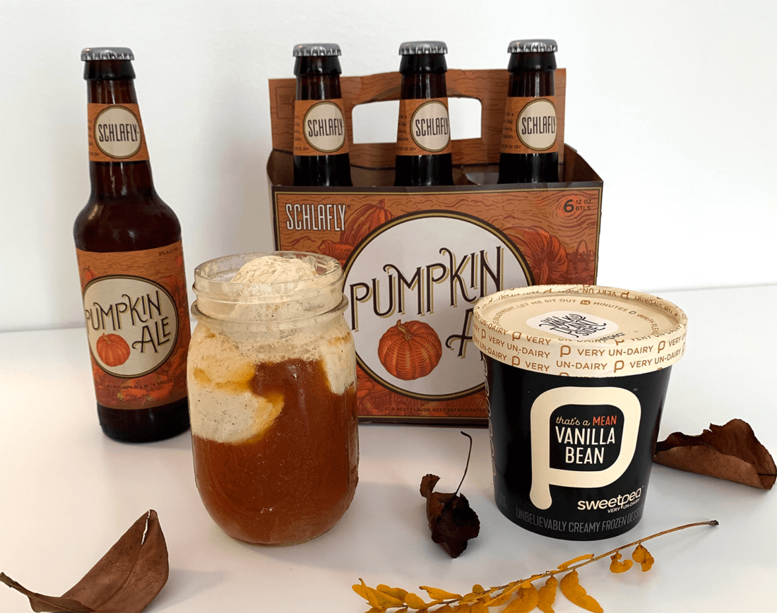 SweetPea plant-based ice cream in front of a six pack of pumpkin beer